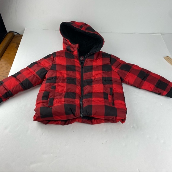 Swiss+Tech Kids Boys 4T Puffer Coat Black Red Buffalo Plaid Full Zip Hooded - Picture 1 of 7
